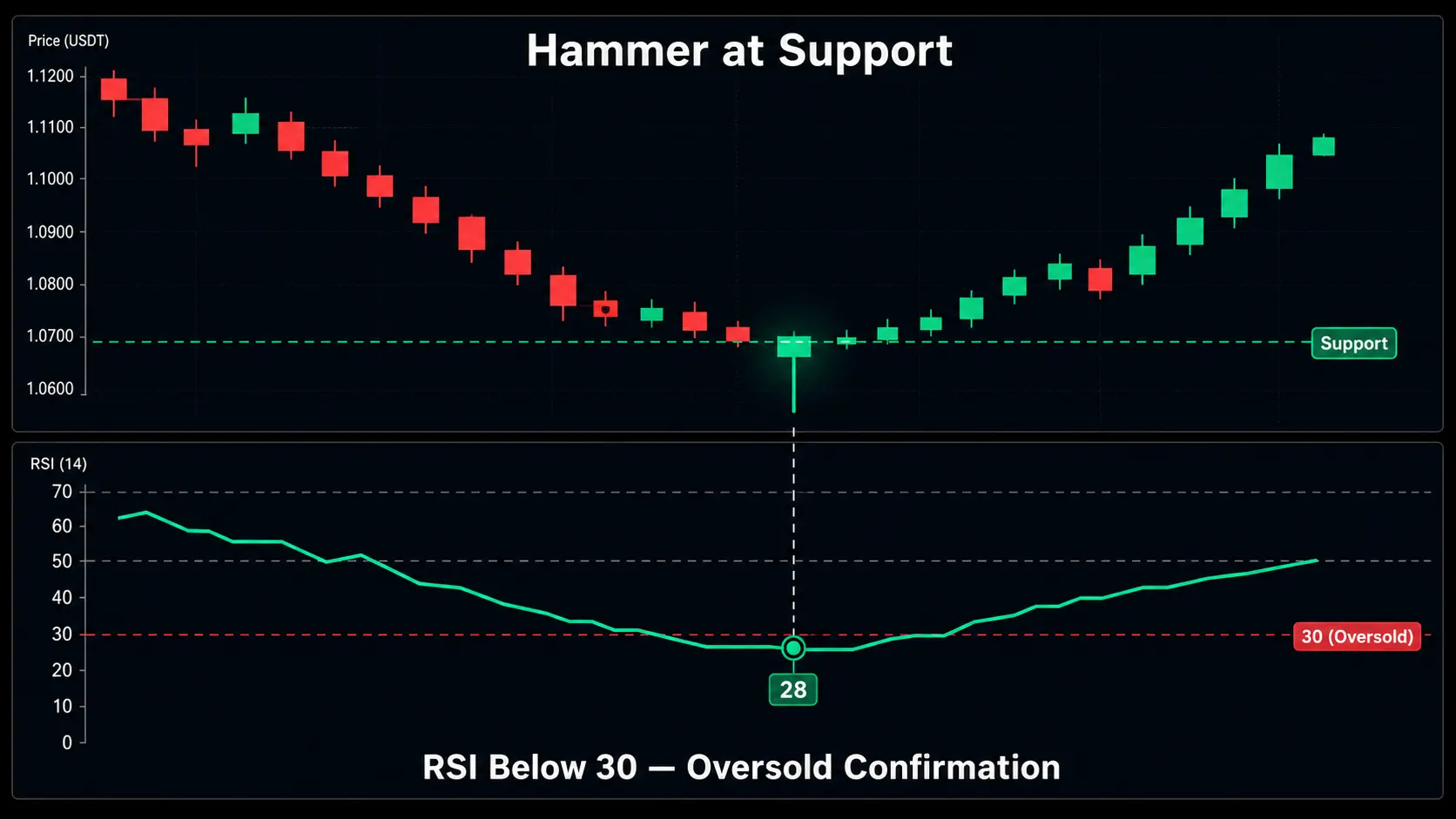 Hammer candlestick with RSI confirmation dual panel chart showing hammer at support in upper panel and RSI below 30 oversold turning upward in lower panel
