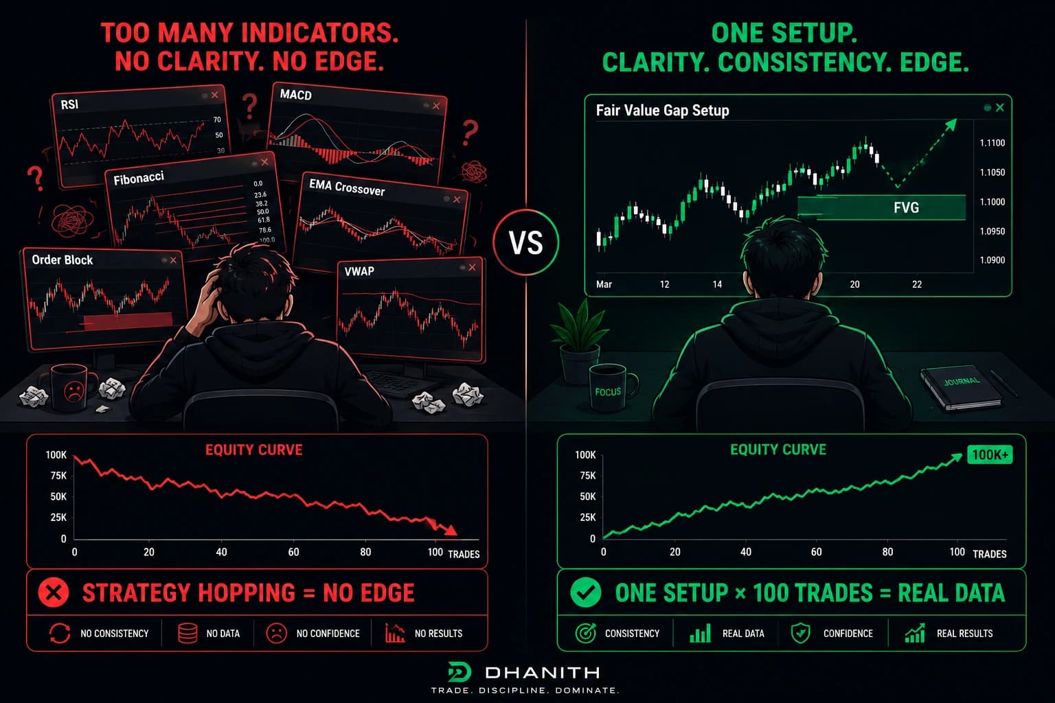 Comparison showing a trader jumping between RSI, MACD, Fibonacci, EMA crossover, and VWAP with a declining equity curve versus a trader focused on one Fair Value Gap setup with a steadily rising equity curve over 100 trades