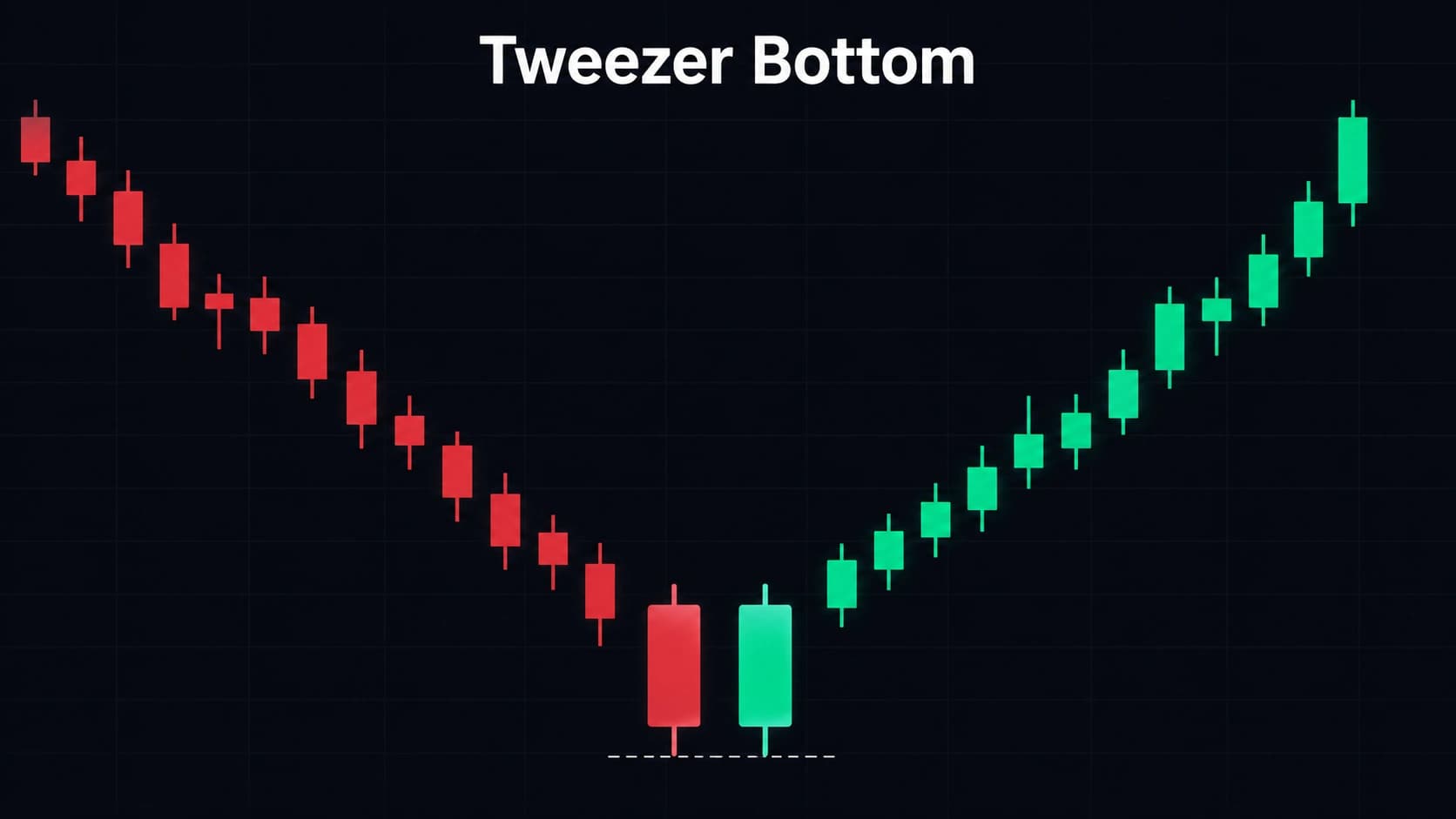 Tweezer bottom candlestick pattern showing two consecutive candles with identical low prices at support level at bottom of downtrend