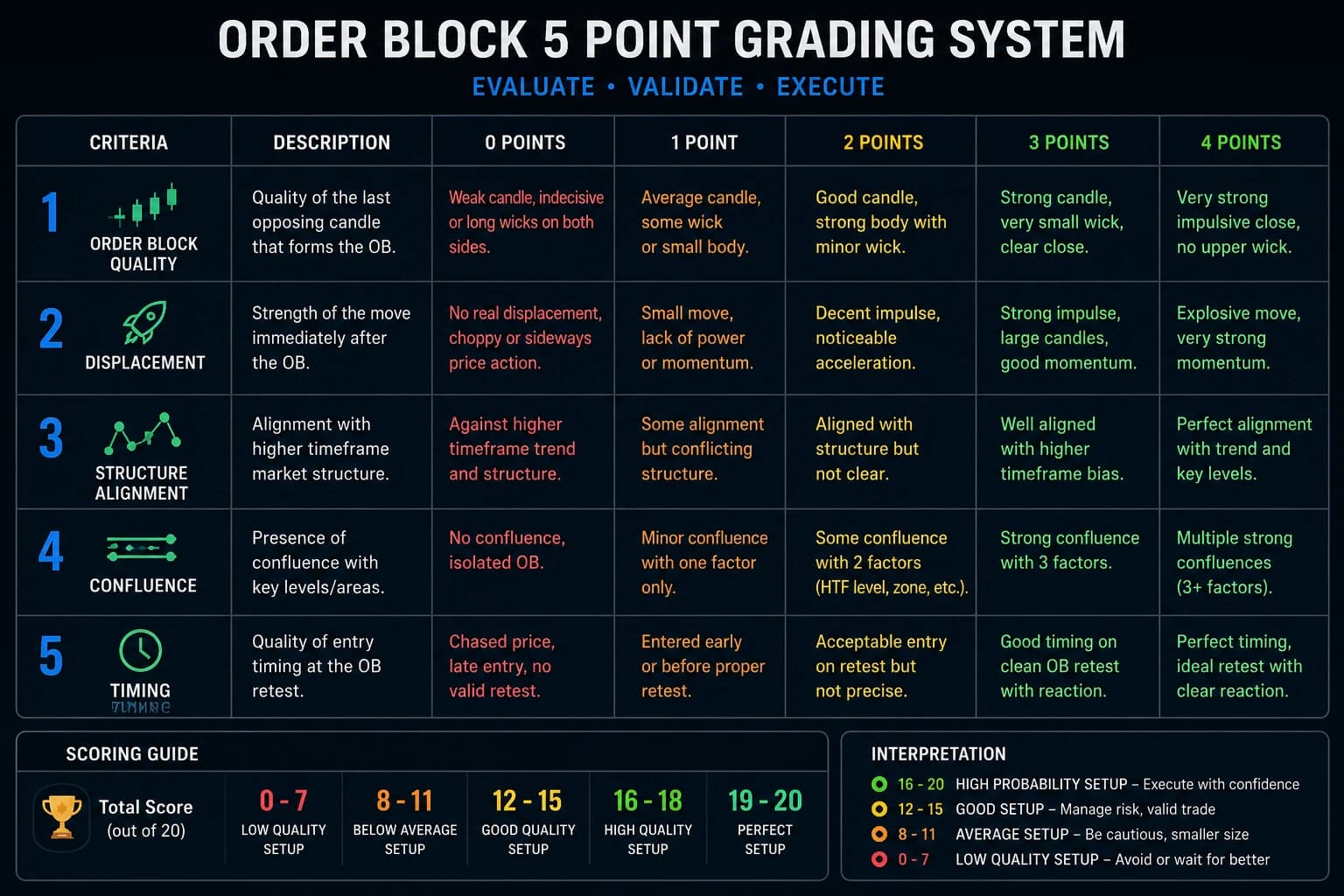 Order block 5 point grading system for SMC trade quality assessment