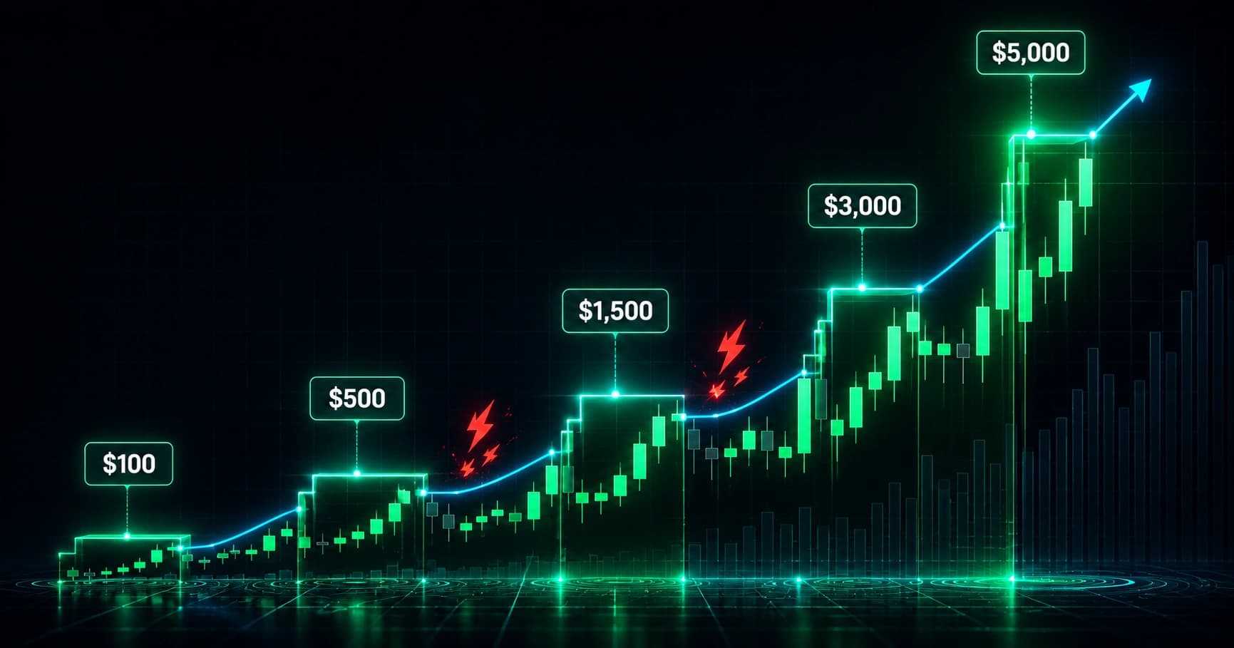 Account flipping compounding curve showing balance milestones from $100 to $5,000 with risk events marked along the way