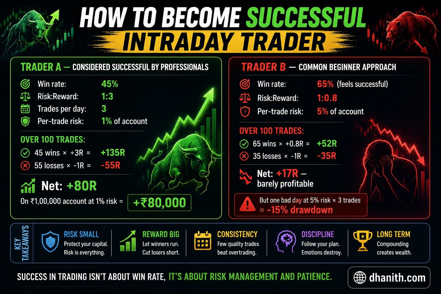 Comparison of Trader A's 45% win rate 1:3 risk-reward system producing +₹80,000 over 100 trades versus Trader B's 65% win rate but poor 1:0.8 risk-reward system that is barely profitable and exposed to a -15% drawdown