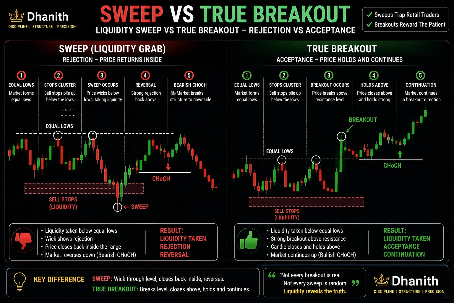 Liquidity sweep versus true breakout comparison showing rejection vs acceptance behavior