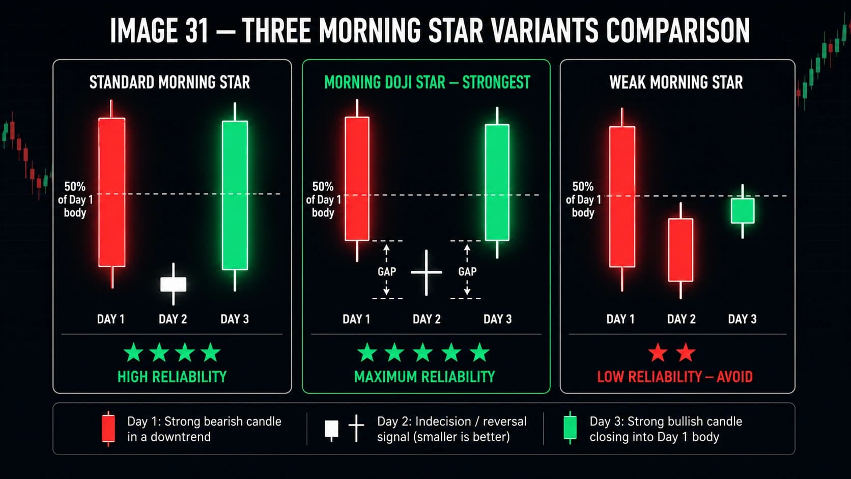 Three morning star variants comparison showing standard morning star morning doji star strongest version and weak morning star with reliability ratings from high to low