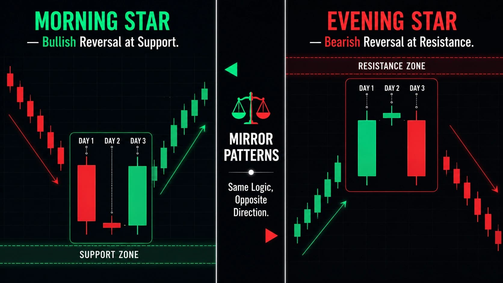Morning star versus evening star mirror comparison showing bullish three candle reversal at support versus bearish three candle reversal at resistance as perfect opposite patterns