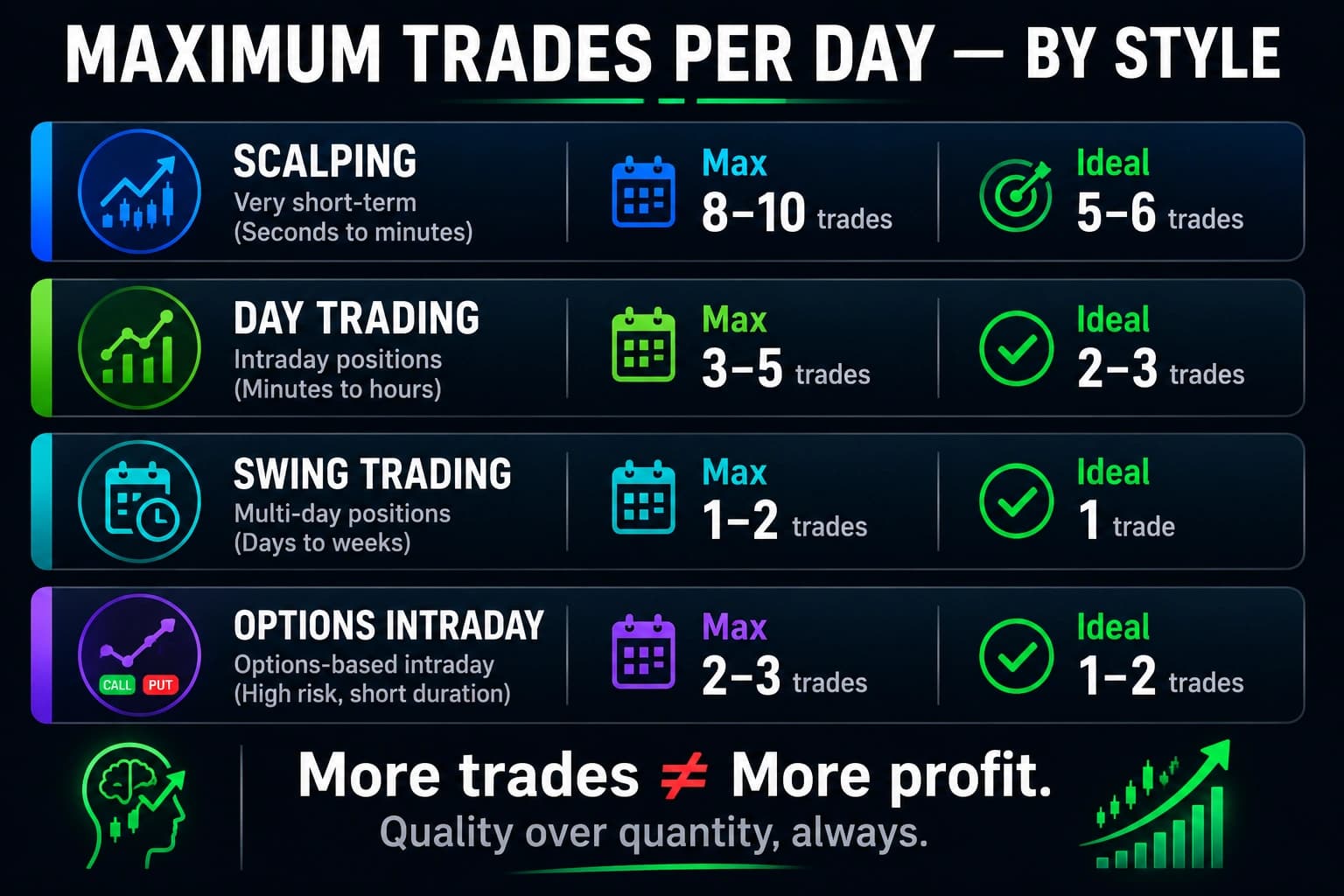 Chart showing maximum and ideal trades per day by trading style — scalping 8-10 max, day trading 3-5 max, swing trading 1-2 max, options intraday 2-3 max